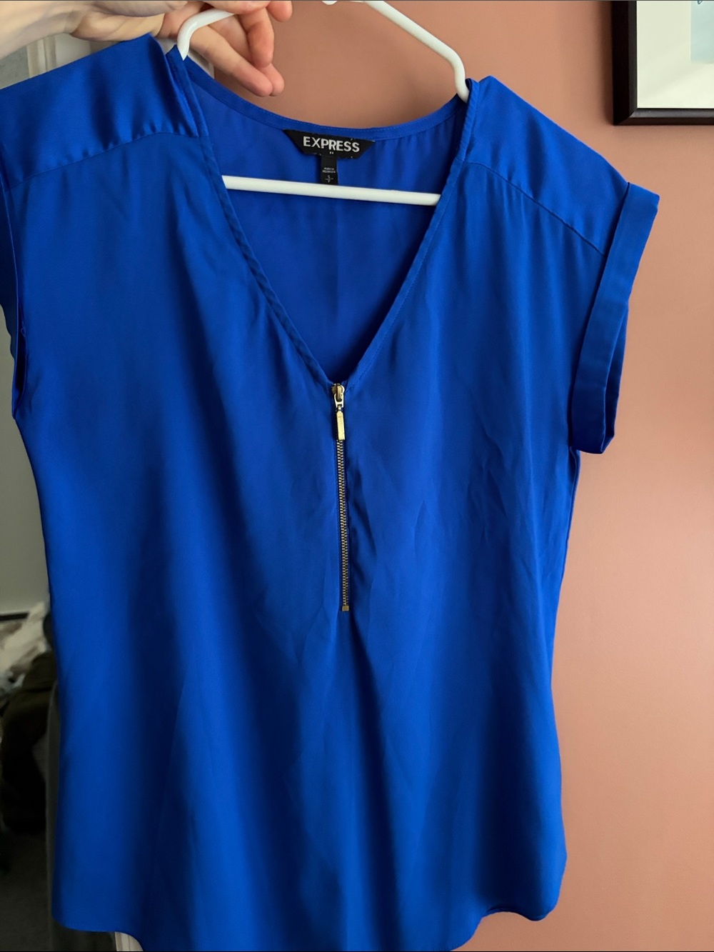 Express Royal Blue Zip V-Neck Blouse with Gold Hardware